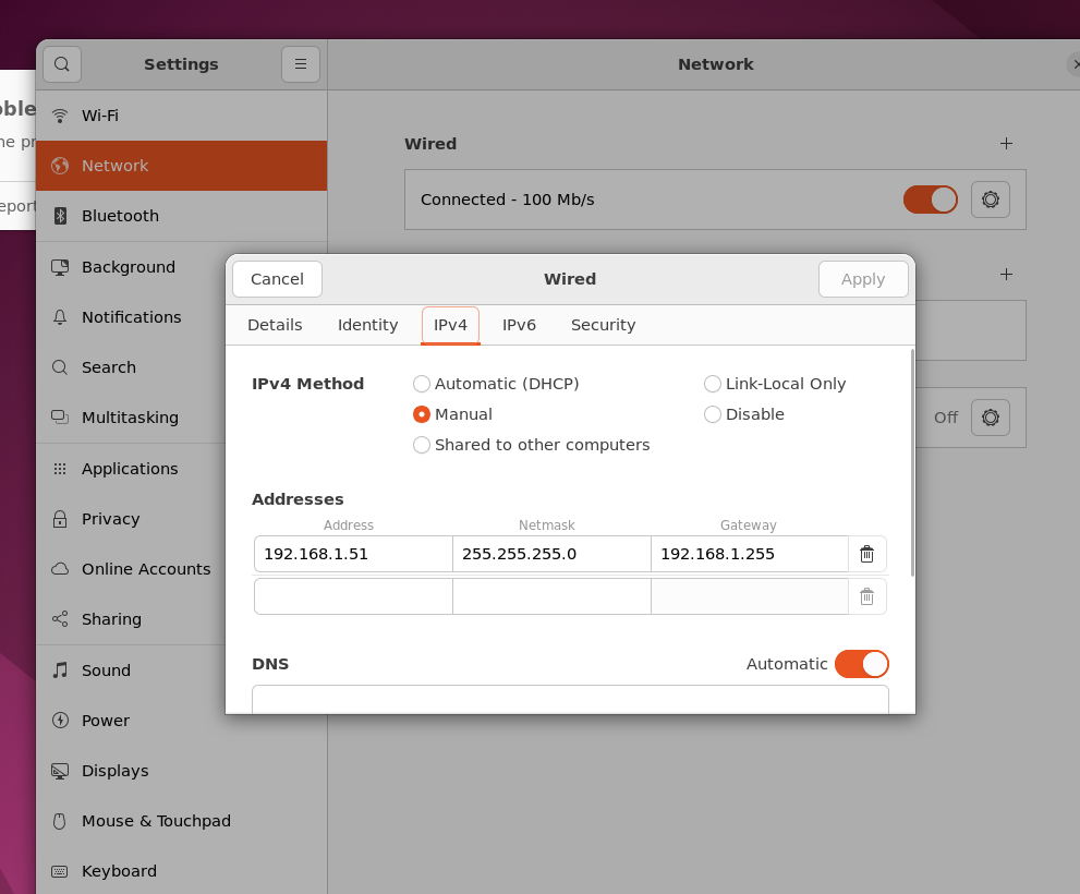 Configure a static IP address for the Ethernet interface